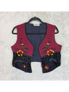 Vintage Andrew Sweater Vest Womens M Red Black Velvet Floral Embroidered Boho